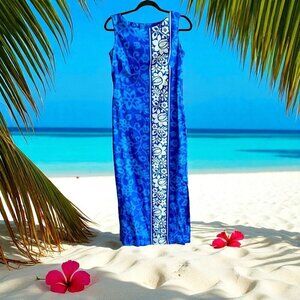 Hawaiian Surf Blue Tropical Floral Sheath Sleeveless Maxi Dress Size Small